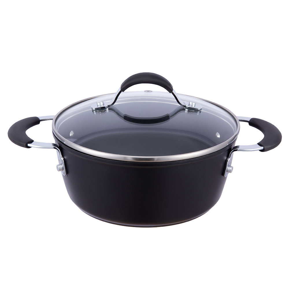 Oală neagră antiaderent din aluminiu de 24*10,5 cm cu capac de sticlă JY-GWQ-24105