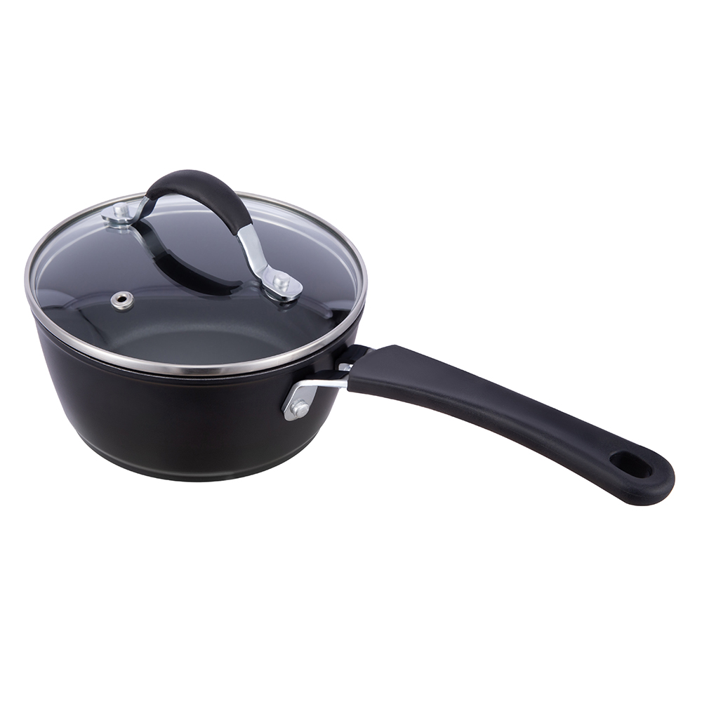 Cratiță neagră antiaderentă din aluminiu de 16*7,5 cm cu capac de sticlă JY-BF29-2-1675
