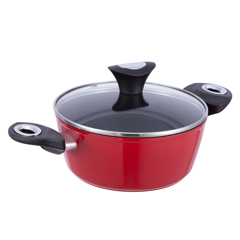 Oală din aluminiu antiaderent de 20*8,5 cm negru/roșu cu capac de sticlă JY-RF29-1-2085