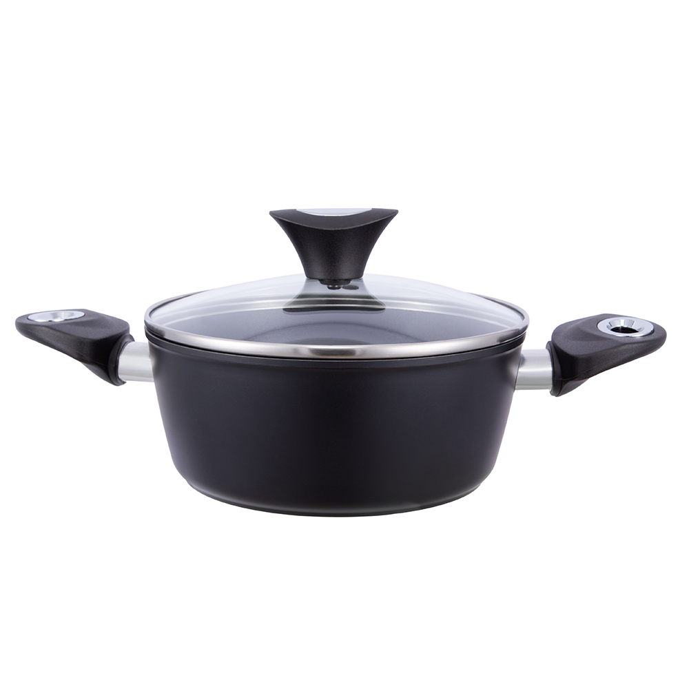 Oală neagră antiaderent din aluminiu de 20*8,5 cm cu capac din sticlă JY-BF29-2-2085