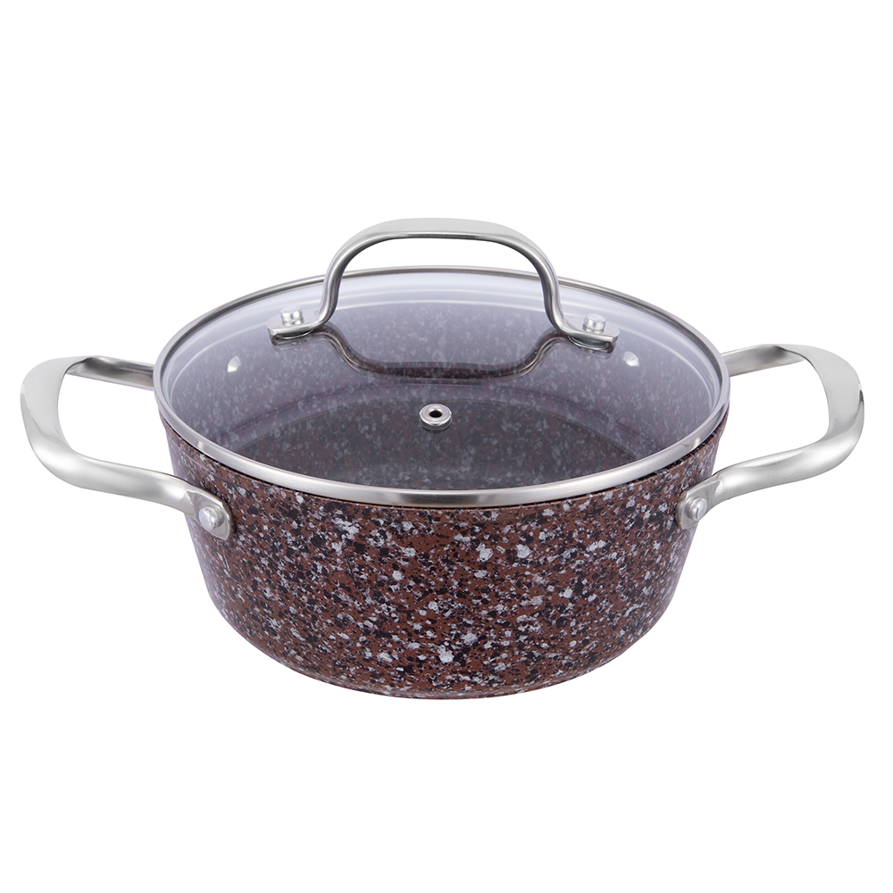 Oală din aluminiu antiaderență acoperită cu granit de 20*8,5 cm cu capac de sticlă JY-HGYG-1-2085